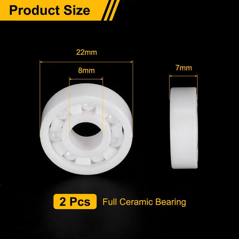 Rock Solid Full Ceramic Bearings 2 Pack 608 Zirconia Ball Bearings 8X22X7mm close-up side and front view with dimensions marked.