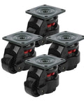 Four Pack Rock Solid Retractable Leveling Casters With Heavy Industrial Wheels And Smooth Cruising 360 Degree Swivel Mobility For Workshop Gear and Machine Base Support, close-up view of black industrial wheels.