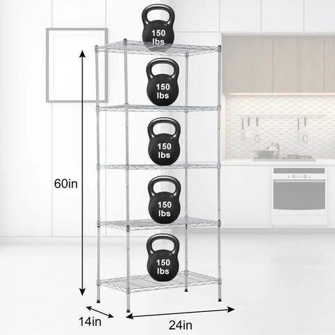 Super Rigged Five Tier Wire Shelving Rack Featuring 750 Pound Load Capacity Adjustable Heavy Duty Metal Storage Shelf Unit For Kitchen Office Garage Or Basement Work Flex System with kettlebells.