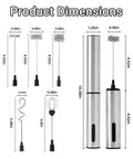Rechargeable Milk Frother Wand With Three Independent Speeds And Five Attachments For Coffee Lattes Matcha And More Handheld Electric Whisk In Stainless Steel Perfect Gift For Kitchen Essentials And At Home Barista Vibes showing product dimensions and attachments.