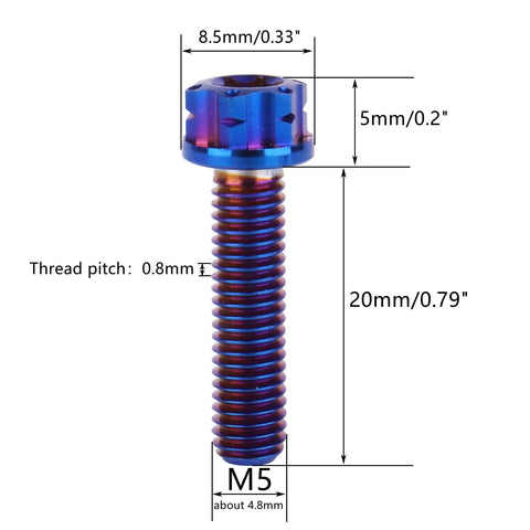 Top Shelf Grade 5 Titanium Flange Bolts With Torx Head Screws M5X20MM Burnt Blue Anodized showing detailed dimensions and design features.