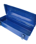 Serious Workhorse Iron Tool Chest With Adjustable Telescoping Handle And Secure Padlock Compatible Lock For Rugged Job Site Storage And Garage Gear Organization, blue metal toolbox with open lid.