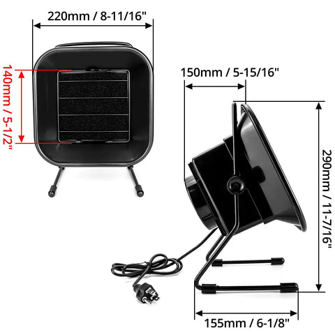 Quiet Solder Smoke Absorber With Adjustable Angle Fume Extractor for your workshop shown from front and side, dimensions labeled.