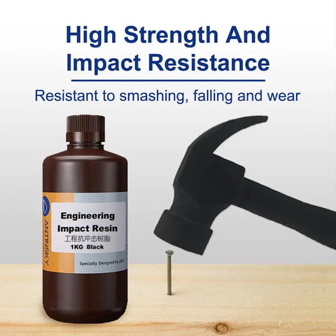 Heavy Duty 405Nm UV Curing Resin Engineered For Real World Stress Rocks Solid Toughness With Crisp Texturing And Weather Resistant Finish Built To Take A Beating On Functional Parts One Kg Jug next to a hammer and nail.