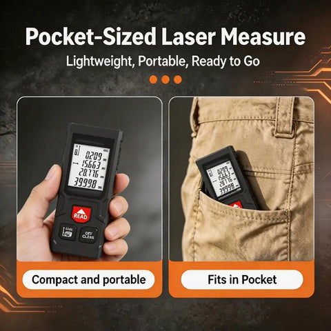 Heavy Duty Digital Laser Distance Meter 131 Ft Measuring Tool With Glowing Backlit Lcd Screen held in hand and fitting in pocket.