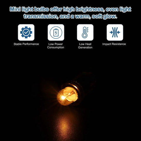 Six-Pack of E10 Miniature Screw Base Bulbs in warm yellow glow illuminating dark background, showcasing glass and metal construction.