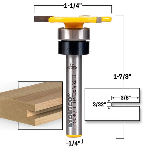 Heavy Duty Top Bearing Slot Cutter Router Bit Featuring Knockout Tungsten Carbide Blades For Slick Groove Cutting and Smooth Joinery Work On Any Table Saw Or Handheld Setup with precise dimensions.