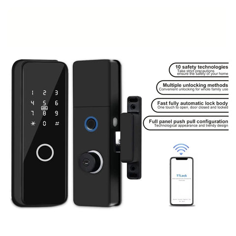 Top Shelf Smart Deadbolt Lock With Fingerprint And Phone App Control IC Card Keyless Entry Zero Hassle Setup Weather Shielded Aluminum Alloy Exterior Security Hardware, black with keypad and automatic locking.