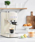 Barista Worthy Home Espresso Machine With 20 Bar Pressure, Stainless Steel Coffee Maker, Cream Finish on kitchen counter