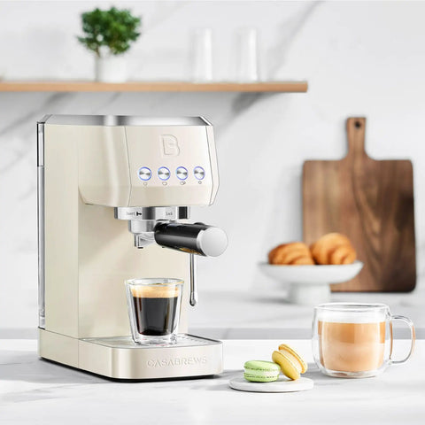 Barista Worthy Home Espresso Machine With 20 Bar Pressure, Stainless Steel Coffee Maker, Cream Finish on kitchen counter