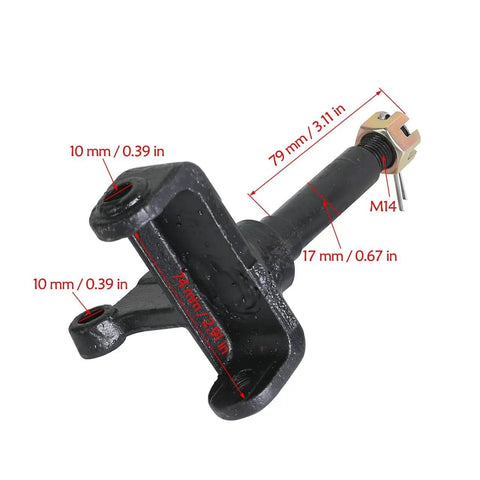 Front view of Steering Knuckle Spindle Hub for 110cc 125cc 150cc ATV Go Kart Quad Drum Brake, 10mm bottom hole, M14 threads.
