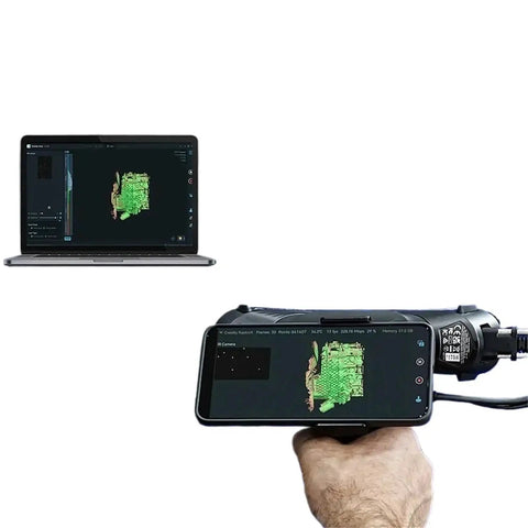 Wireless 6 WiFi Adapter For 3D Scanners That Cuts The Cord And Keeps Things Breezy While Delivering Crisp Scans With Zero Sweat For Portable Otter Models And Stations used with a handheld 3D scanner and laptop.