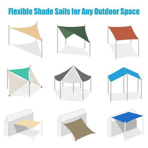 Illustration of various outdoor shade sail designs and setups, including the Rust Red Triangle Shade Sail 10x10x10 Outdoor Canopy.