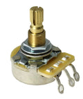 Metric B250K Linear Split Shaft Potentiometer for Guitars 250K Ohm Linear Taper Brass Shaft, side view with nut and connectors