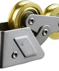 Heavy Duty Stainless Steel Sliding Door Rollers Featuring Double Wheel Pulleys For Bathroom Cabinets And Glass Panels Slick Smooth Glide Hardware No Sweat Setup Quick Fit Kit 2 Pieces close-up of dual wheel roller mechanism