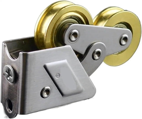 Heavy Duty Stainless Steel Sliding Door Rollers Featuring Double Wheel Pulleys For Bathroom Cabinets And Glass Panels Slick Smooth Glide Hardware No Sweat Setup Quick Fit Kit 2 Pieces close-up of dual wheel roller mechanism