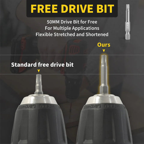 Comparison of standard and improved 50mm drive bits for flexibility and multiple applications with drill handles