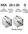 Compact Single Acting Pneumatic Air Cylinder From Ssa Series with 20x30 bore size and female thread for easy installation.