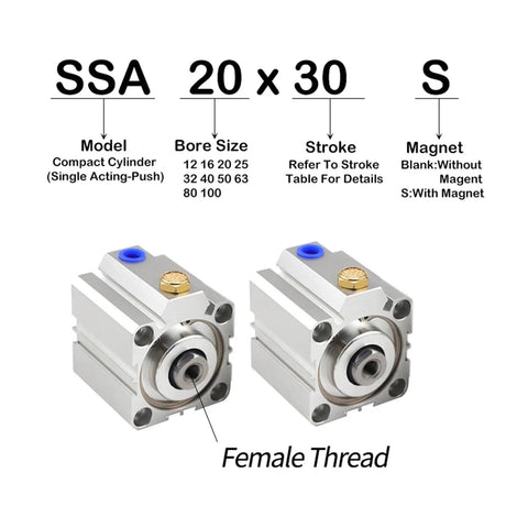 Compact Single Acting Pneumatic Air Cylinder From Ssa Series with 20x30 bore size and female thread for easy installation.