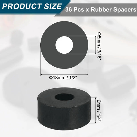 Rock Solid 36 Piece Round Rubber Spacer Set 1 2 Od X 3 16 Id X 1 4 Thick showing size measurements and design.