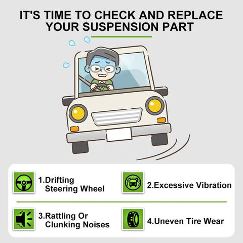 Cartoon car illustrating signs to check suspension parts: drifting wheel, vibration, noises, tire wear for Mazda 6 model.