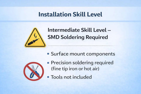 Installation skill level image showing intermediate SMD soldering requirements, warning sign, and tool restrictions.