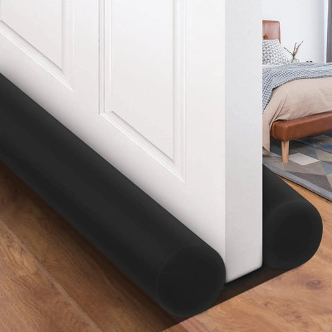 32 Inch Door Draft Stopper Foam Blocker For Interior Doors Black Door Sweep and Bottom Seal on white door, reduces drafts