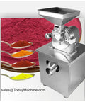 Heavy Duty Large Capacity Grinder Machine For Bulk Grinding Dry Fruit Spices Sugar Seeds Salt Chili Herbs Pepper Moringa Leaves And Nuts For Home Cooks Or Small Commercial Setup With Electric Powered High Speed Steel Blades next to colorful ground spices