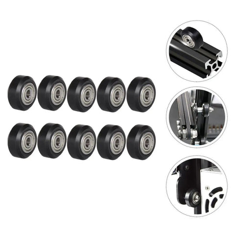 10 Piece Black Plastic V Groove Ball Bearing Wheels For 3D Printer aligned in two rows, showcasing smooth bearing design.