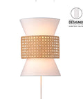 Two-Light Plug-In Or Hardwire Wall Sconce With Matte White Fabric Shade And Natural Rattan Accent 6-Foot Braided Cord