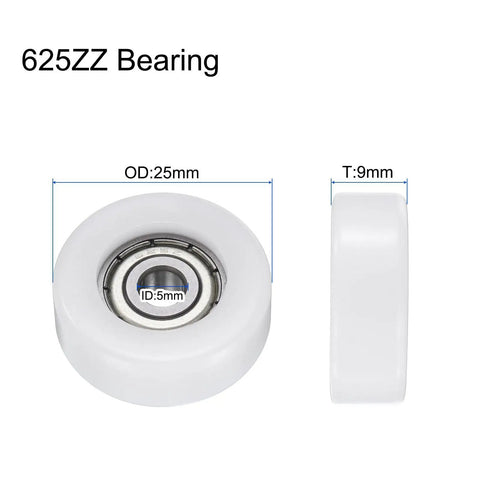 4Pc 625zz Ball Bearing Set, 5X25X9mm Nylon Roller Idler Wheels, double shielded for quiet operation, white POM pulley, front view.