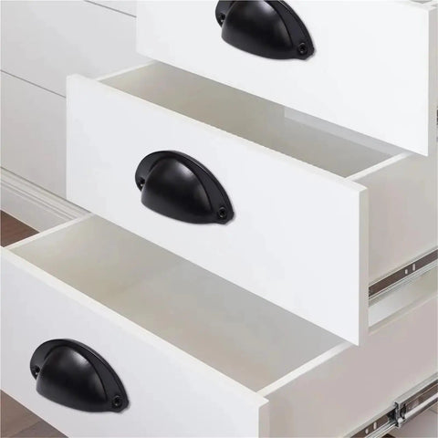 36 Piece Set Of Sleek Black Cup Drawer Pulls Featuring Vintage Half Moon Hardware For Kitchen Cabinets And Baths With A Heavy Duty Rust Resistant Finish That Delivers Dope Everyday Performance on white drawers.