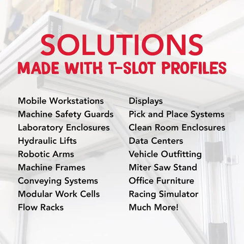 Solutions made with T-Slot profiles list including mobile workstations, robotic arms, and clean room enclosures.