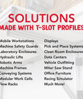 Solutions showcasing applications of T-slot profiles including workstations, safety guards, and vehicle outfitting.