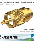 Golden PL-259 Shakespeare antenna cable connector with RG-8X coax compatibility featured in advertising image.