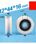 Rock Solid U Groove Pulley Wheels With Sealed Nylon Bearings For Smooth Sliding Doors And Cabinet Runners White Track Roller Sheave Replacement Kit 12mm Bore 44mm dimensions on blue background.