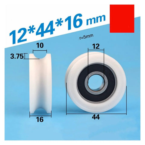 Rock Solid U Groove Pulley Wheels With Sealed Nylon Bearings For Smooth Sliding Doors And Cabinet Runners White Track Roller Sheave Replacement Kit 12mm Bore 44mm dimensions on blue background.