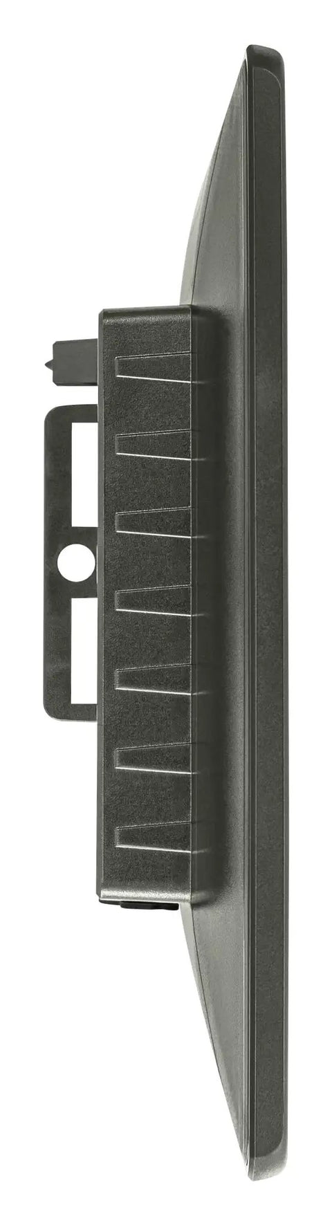 All In One Solar Panel For Trail Cameras With Built In Lithium Battery and Plug And Play Setup shown from side view, compact black design.