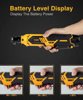 Cordless Electric Ratchet Wrench Set Workhorse For Auto Repair And Diy Projects Three Eighths Inch 40 Ft Lbs Torque 230 RPM 12V showcasing battery level display