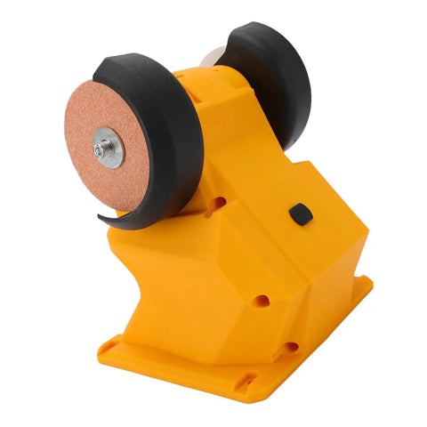 Cordless Mini Bench Grinder with Dual 70mm Wheels Spinning at 5500 RPM showcasing the yellow frame and wheels for sharpening tasks.