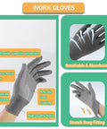 Gray work gloves with anti-slip dots, breathable nylon material, labeled for protection, wear resistance, dirt resistance, snug fit.