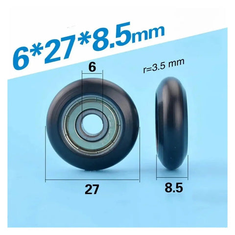 626ZZ Circular Arc Pulley Roller With Plastic Coated Wheel And Internal Ball Bearing 6 X 27 X 8.5 mm shown from front and side view.