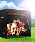 Couple sitting on a swing with All Weather Outdoor Swing Cover For A 3 Seat Triple Seater Patio Hammock And Glider Chairs.