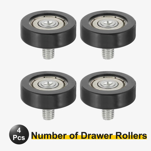Heavy Duty Nylon Drawer Rollers 4 Pack Built Tough Smooth Glide Sliding Door Track Guide Replacement Wheels For Drawers Cabinets And Home Doors Black M6X10mm Thread close-up of four nylon wheels with M6 threading.