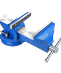 Heavy Duty 5 Inch Vise With 360 Degree Swivel Base And Anvil Clamp, Built Like A Tank, Cast Steel Construction, Table Clamp Woodworking Vice For Drilling, Pipe Cutting, And Woodworking Jobs, Blue, shown with swivel base and jaws open