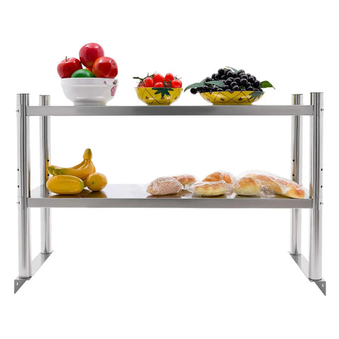 Heavy Duty Two Tier Stainless Steel Storage Rack And Adjustable Standing Shelf Unit Built Tough No Sweat Organization For Kitchen Restaurant Or Store Display Use Sleek Metal Frame with fruits and baked goods.