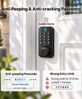 Lightning Fast Biometric Fingerprint Deadbolt with keypad, locking door, showcasing anti-peeping feature, in rich black.