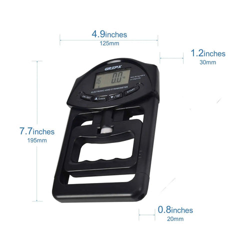 Digital Hand Dynamometer Grip Strength Meter With Auto Capture Electronic Hand Grip Power 198 Lbs 90 Kgs Black with dimensions