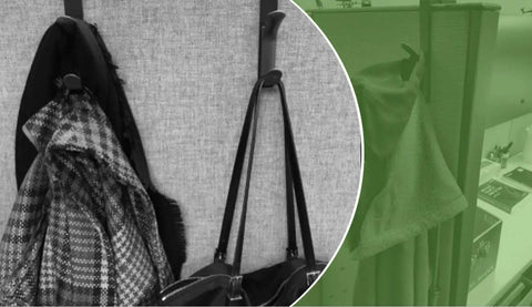 Built Different Cubicle Wall Hook With Super Heavy Duty Double Hangers For Offices And Bathrooms holding a coat and bags.