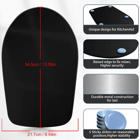 Heavy Duty Metal Mixer Slider for KitchenAid Stand Mixer 4.5 to 5 Quart Sliding Mat, black tray with dimension markings.